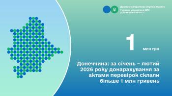 Донеччина: за січень – лютий 2026 року донарахування за актами перевірок склали більше 1 млн гривень