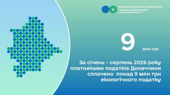 За січень - серпень 2026 року платниками податків Донеччини сплачено  понад 9 млн грн екологічного податку